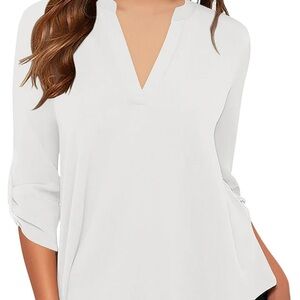 WOMEN'S BUSINESS CASUAL V NECK CUFFED SLEEVES WORK BLOUSE TOP